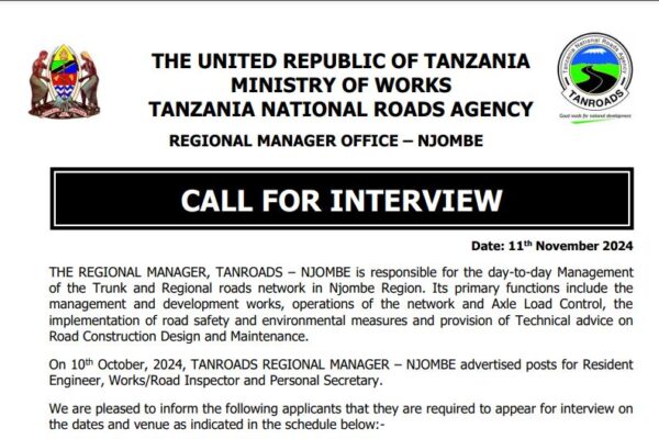 Call For Interview TANROADS Njombe 2024